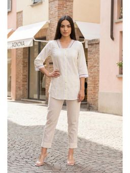 Aurelia - Women's Off White Striped Lace Pure Cotton Straight Tunic