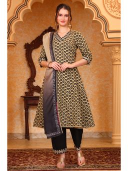 Aurelia - Women's Beige Ethnic Motifs A-Line Kurta Pant with Dupatta