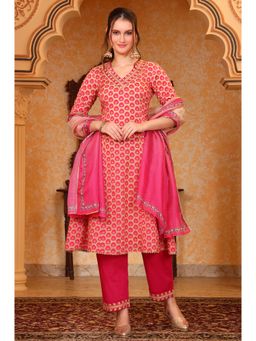 Aurelia - Women's Pink Ethnic Motifs A-Line Kurta Pant with Dupatta