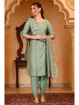 Aurelia - Women's Aqua Printed Beads Embellished A-Line Kurta Salwar and Dupatta