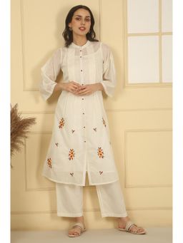 Aurelia - Women's White Thread Embroidered Blend A-line Kurta and Pant