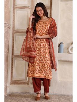Aurelia - Women's Orange Floral Printed Straight Kurta Salwar and Dupatta