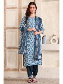 Aurelia - Women's Blue Floral Printed Straight Kurta Salwar and Dupatta