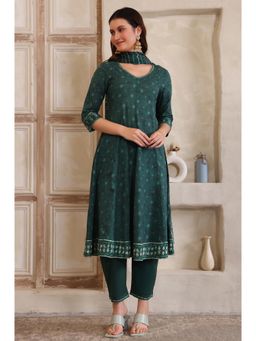Aurelia - Women's Green Printed Flared Cotton Kurta Pant with Dupatta