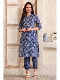 Aurelia - Women's Blue Printed Straight Pure Cotton Kurta and Pant