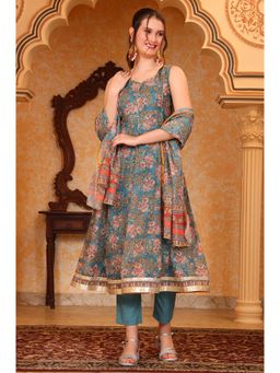 Aurelia - Women's Blue Botanical Printed Anarkali Kurta Pant and Dupatta