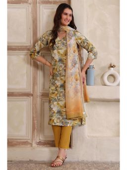 Aurelia - Women's Mustard Printed Straight Kurta Pant with Dupatta