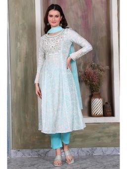Aurelia - Women's Sky Blue Embroidered Anarkali Kurta Pant with Dupatta