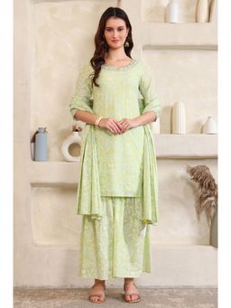 Aurelia - Women's Green Embroidered Straight Kurta Sharara with Dupatta