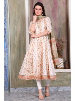 Aurelia - Women's Off White Floral Anarkali Kurta Leggings and Dupatta