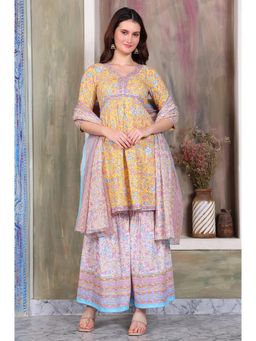 Aurelia - Women's Yellow Floral Printed Kurta Sharara with Dupatta