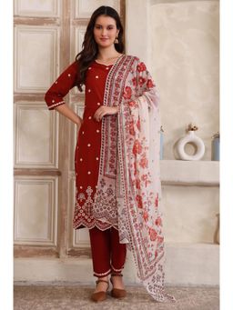 Aurelia - Women's Rust Embroidered Straight Kurta Pant with Dupatta