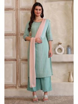 Aurelia - Women's Sea Green Striped Kurta Pant and Dupatta