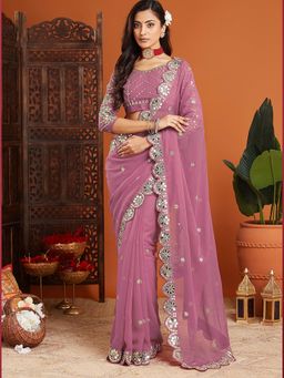 Varanga - Lavender Organza Saree with Unstitched Blouse