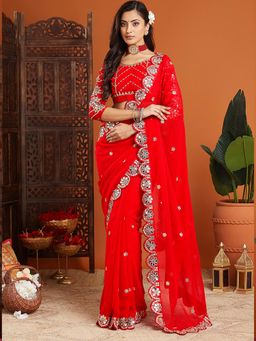 Varanga - Red Organza Saree with Unstitched Blouse
