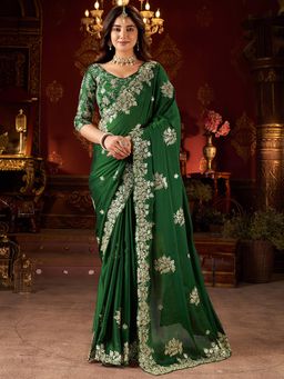 Varanga - Green Silk Blend Saree with Unstitched Blouse