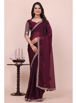 Varanga - Wine Chiffon Saree with Unstitched Blouse
