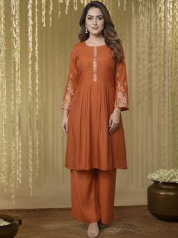 Varanga - Women Rust Ethnic Motifs Embroidered Kurta with Palazzo