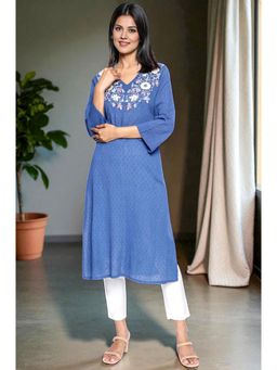 W - Cobalt Blue Solid Printed Pure Cotton Straight Kurta
