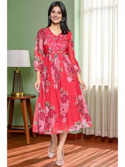 W - Crimson Red Printed Chiffon Flared Dress
