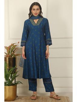 W - Blue Floral Printed Flared Kurta pant with Dupatta