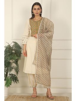 W - Cream Embroidered A-line Kurta Salwar with Dupatta
