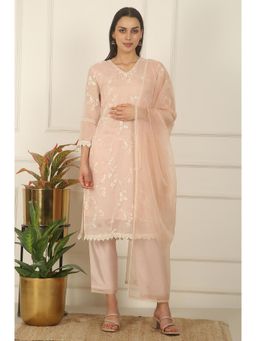 W - Light Pink Embroidered Organza Kurta pant with Dupatta