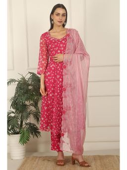 W - Pink Floral Printed Organza Anarkali Kurta pant with Dupatta