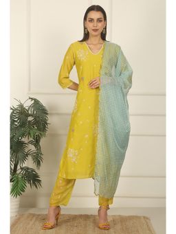 W - Celery Green Embroidered Kurta pant with Dupatta