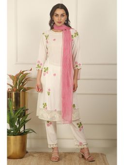 W - Floral Printed White Checker Cotton A-line Kurta pant with Dupatta