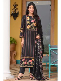 Mahee Jaipur - Black Fagun Floral Embroidery Muslin Kurta with Pant and Dupatta (Set of 3)