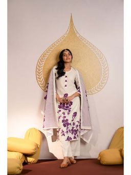 Mahee Jaipur - Off White Floral Print Mul Cotton Sequence Kurta with Pant and Dupatta (Set of 3)