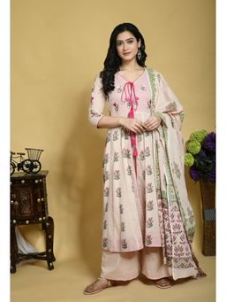Laado - Pink Mul Mul Handblock Printed Kurta with Palazzos & Chiffon Dupatta (Set of 3)
