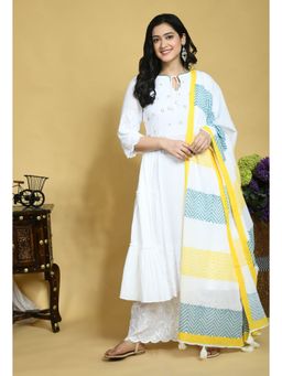 Laado - Yoke Embroidered Teal Blue & Yellow Kurta with Palazzo & Dupatta (Set of 3)