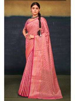 EXCLUSIVA - Pink Cotton Banarasi Saree with Unstitched Blouse