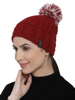 513 - Women Red Self Design Beanie with Pom Pom