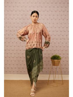 Soup by Sougat Paul - Peach and Green Bandhej Printed Drape Skirt and Top (Set of 2)