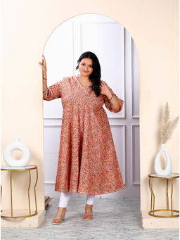 Doriyaan - Womens Plus Size Orange Cotton Floral & Gota Patti Anarkali Kurta