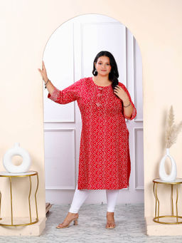 Doriyaan - Womens Plus Size Red Bandhani Printed Straight Kurta