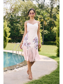 Lea Clothing - Eira White Satin Printed Tassel Dress