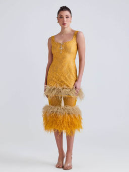 ZABELLA - Lareta Lace And Feather Midi Dress - Mustard