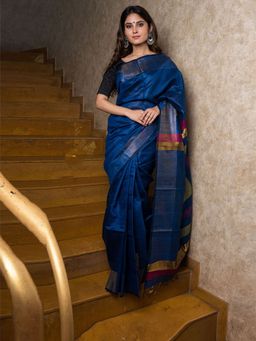 Beatitude - Blue Handwoven Dupion Raw Silk Saree Unstitched Blouse