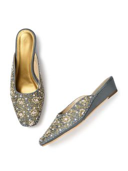 W - Embroidered Dull Blue Square Toe Wedge