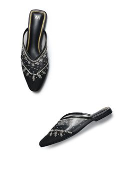 W - Embroidered Black Square Toe Flat