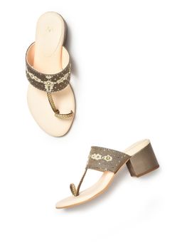 W - Embroidered Brown Almond Toe Block Heel