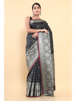 Soch - Women Black Silk Woven Saree with Unstitched Blouse