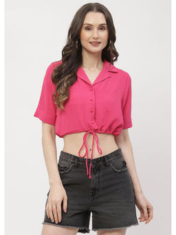 Madame - Textured Hot Pink Drawstring Crop Top
