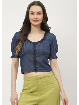 Madame - Puff Sleeve Blue Back Tie Ruffled Denim Top