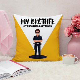 ARTBUG - My Brother Is My Personal Bodyguard Cushion With Filler Rakhi Gift (12x12 inches)