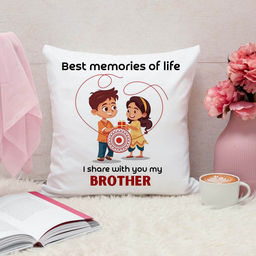 ARTBUG - Best Memories Of Life Cushion With Filler Rakhi Gift (12x12 inches)
